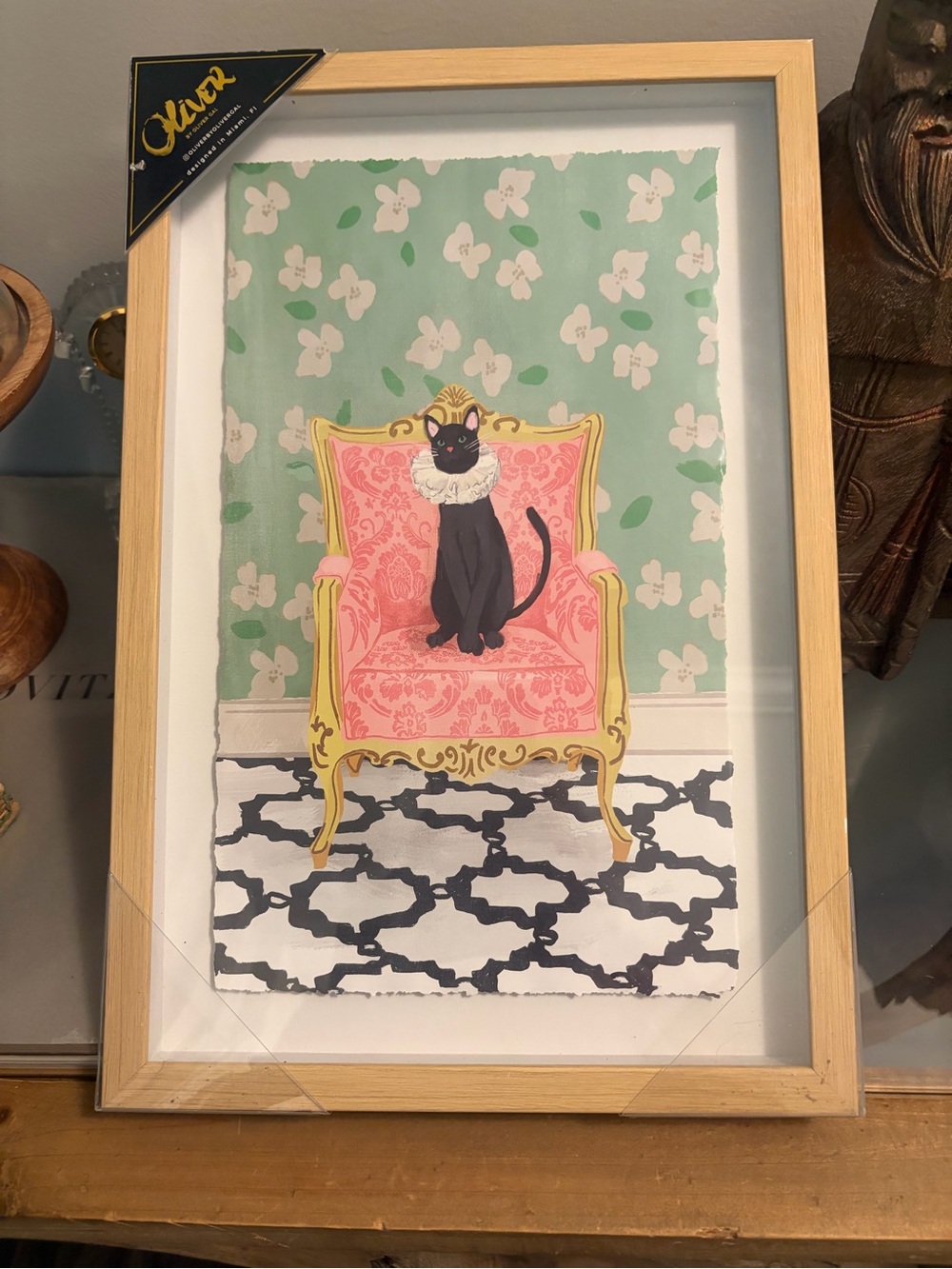 Oliver Gal framed Elizabethan Black Cat on Pink Armchair Framed Art Print. New.